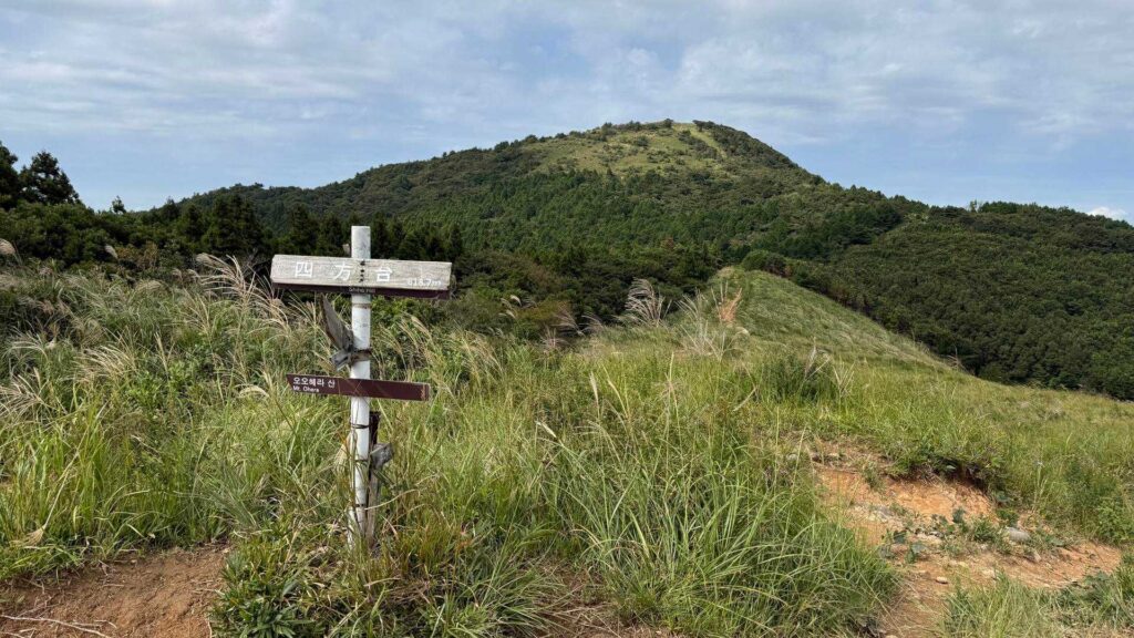 木製の道標と背後にそびえる山頂の眺め