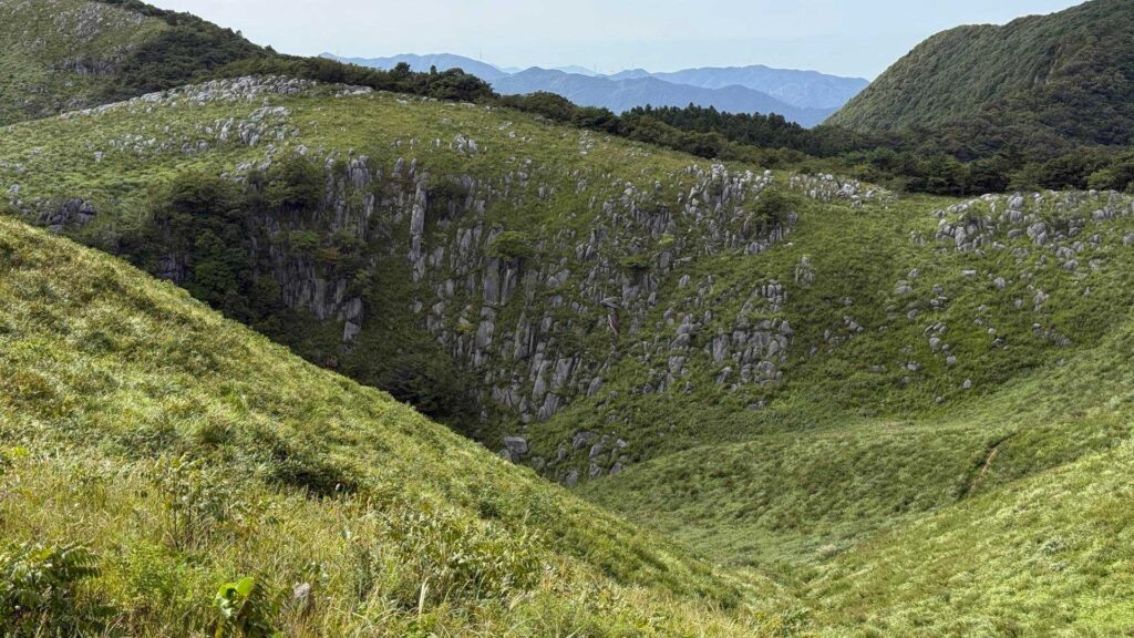 草に覆われたすり鉢状のドリーネ（石灰岩溶食地形）