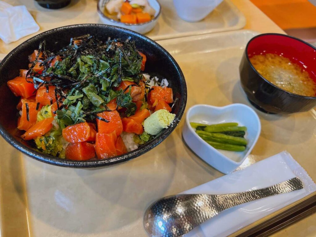 サーモンとわさび菜の漬け丼