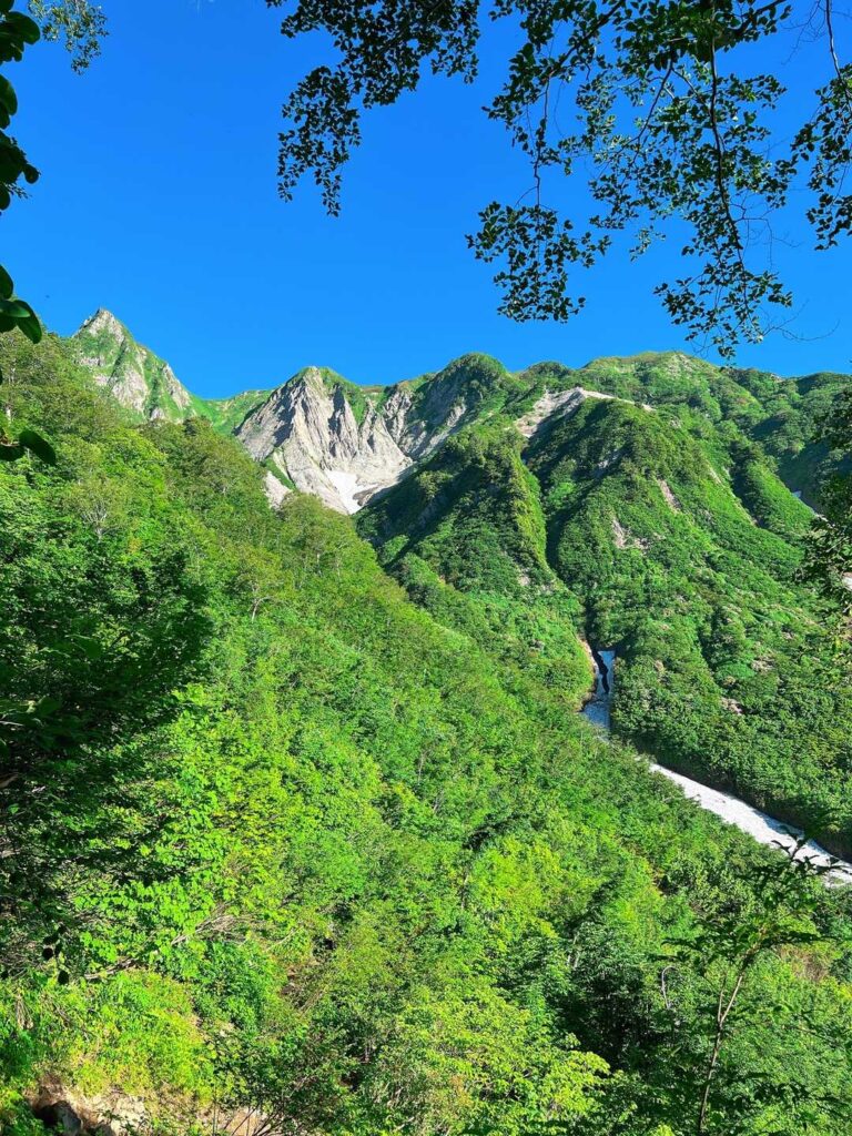 青空と緑の中に見えてきた雨飾山