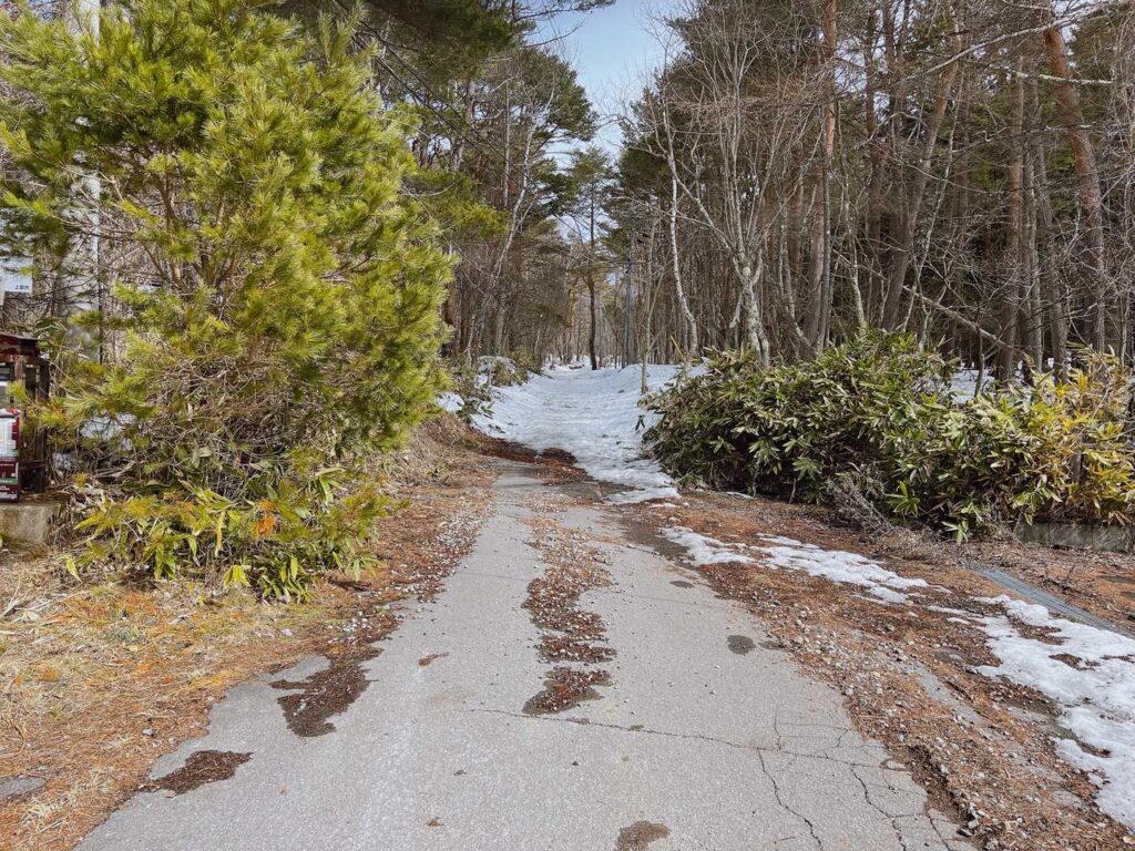 登山口付近の様子。雪は溶けかけている