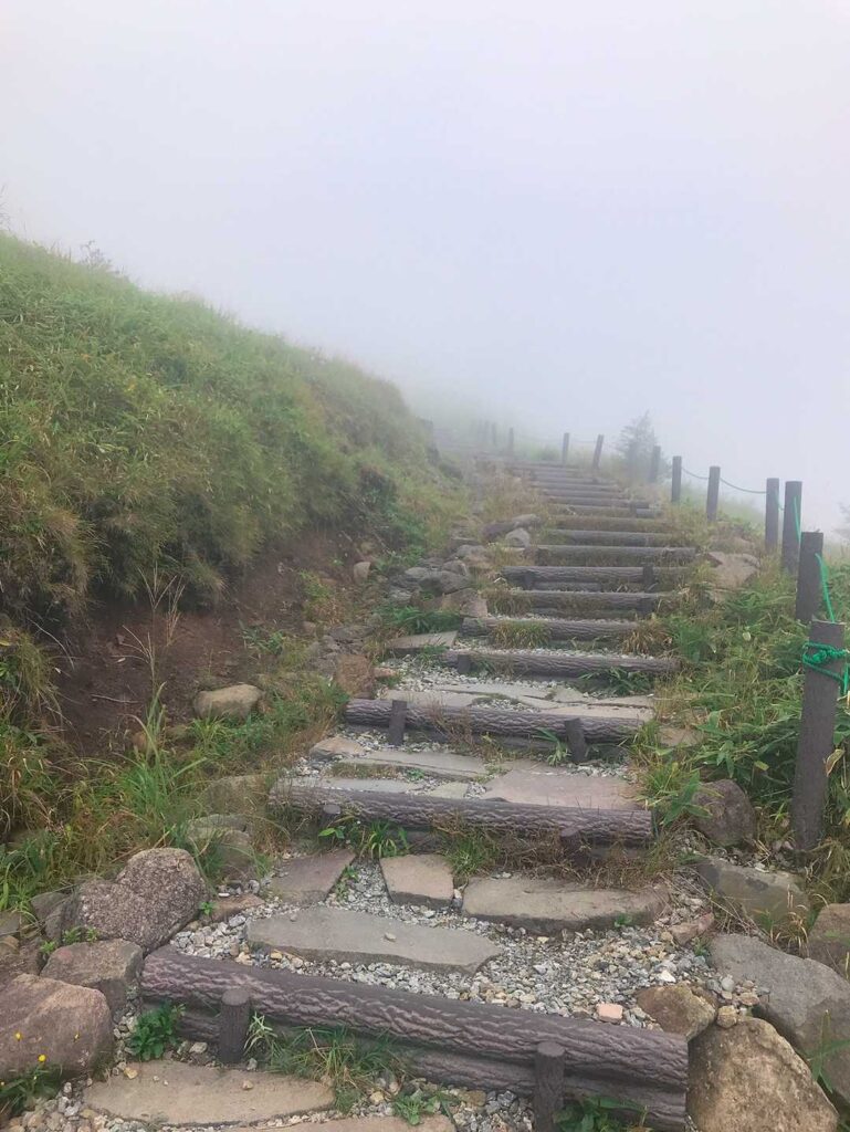 山頂への階段を登る