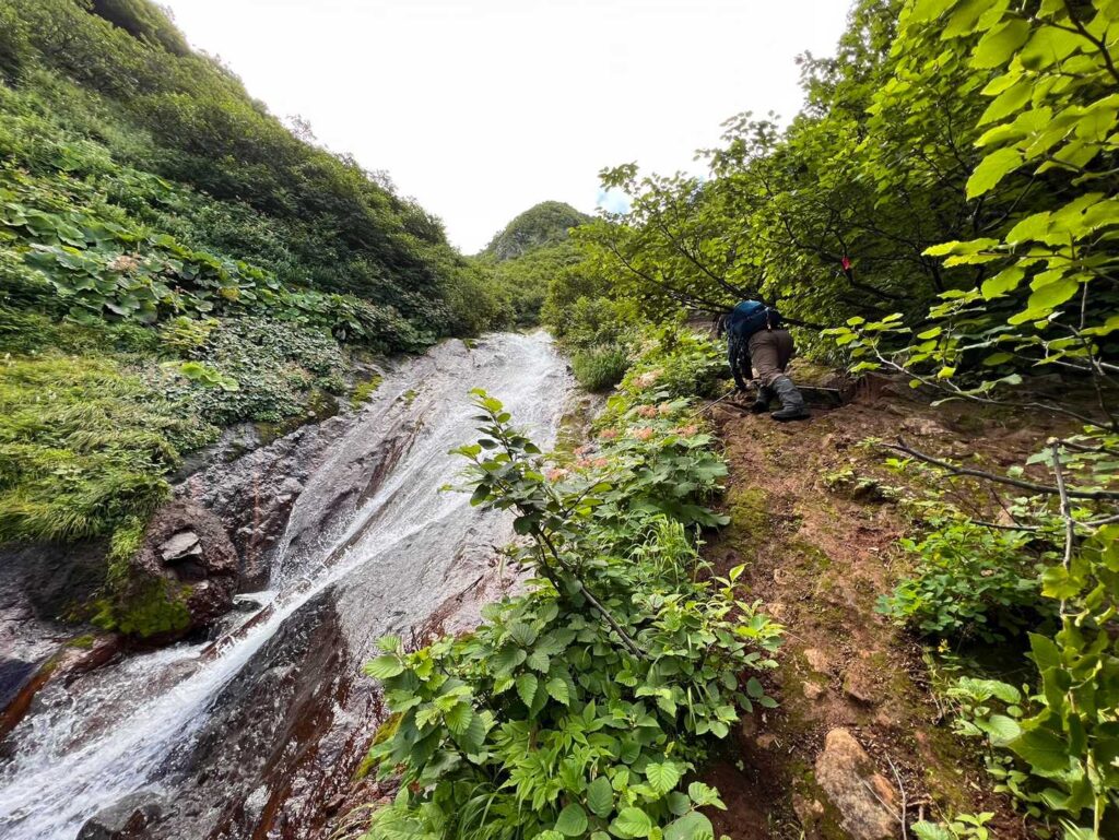広い滑（なめ）を登る