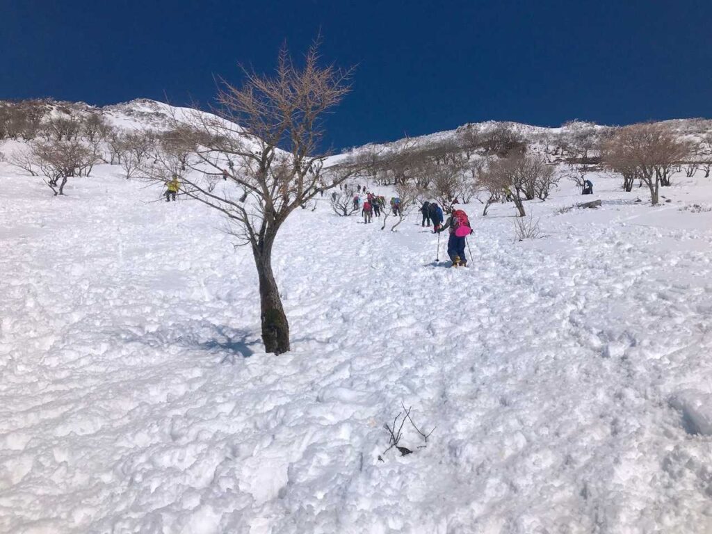 雪の斜面を登る