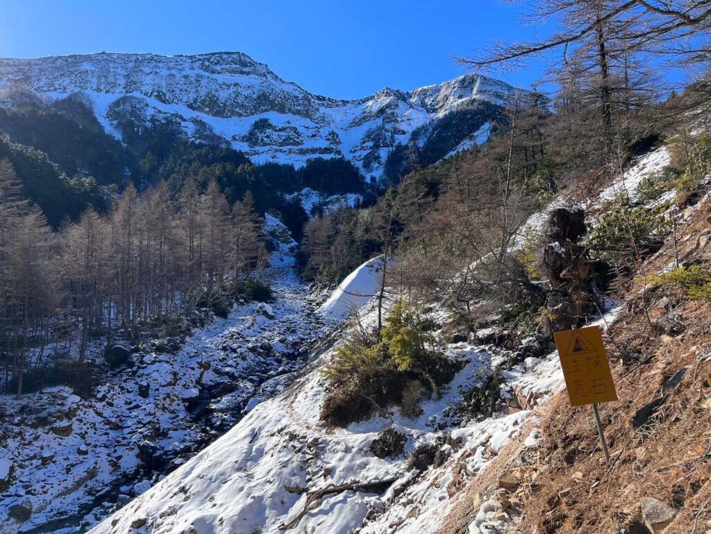 ここを通って 野天風呂に / 落石注意と書いてあるけど雪で滑りそうで怖い