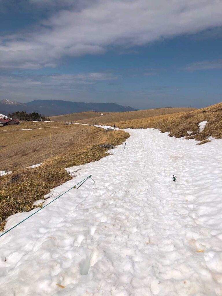 残雪の高原を進む。遠くに山々が見える