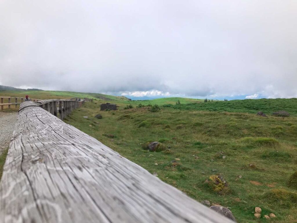 柵越しに見える高原。奥に青空が
