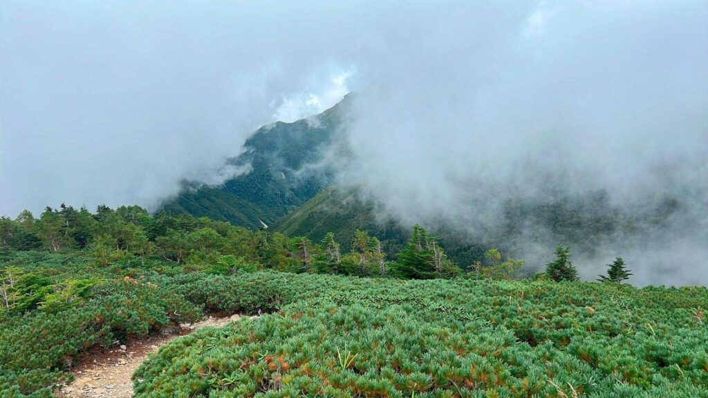 ガスに隠れる塩見岳