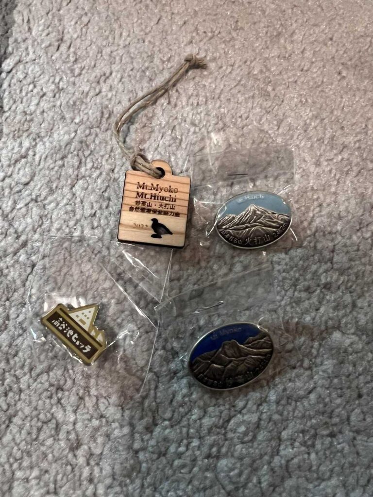 今回の戦利品(登山バッジとキーホルダー)