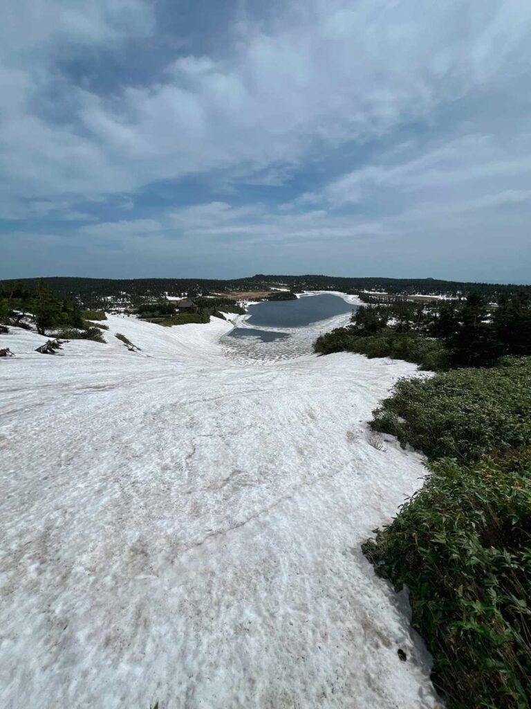 八幡沼展望テラス付近の雪原と沼