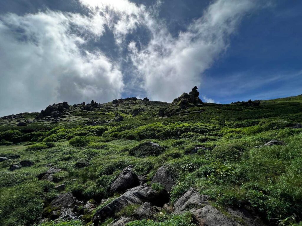 奇岩と緑が広がる稜線