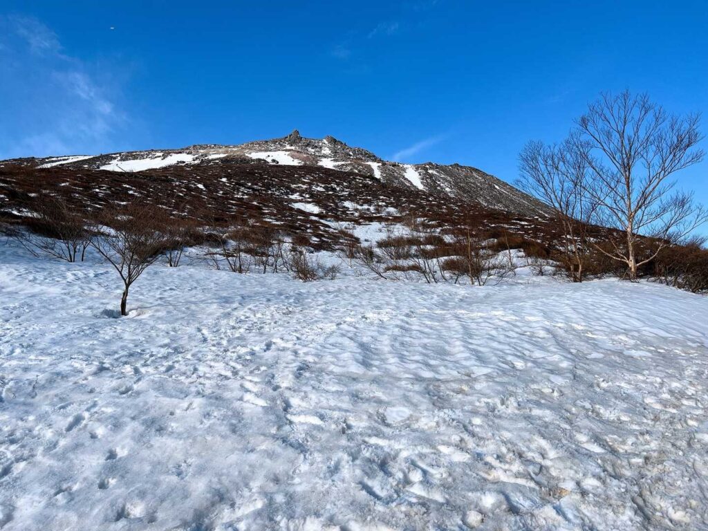 残雪の斜面から山頂方面を望む