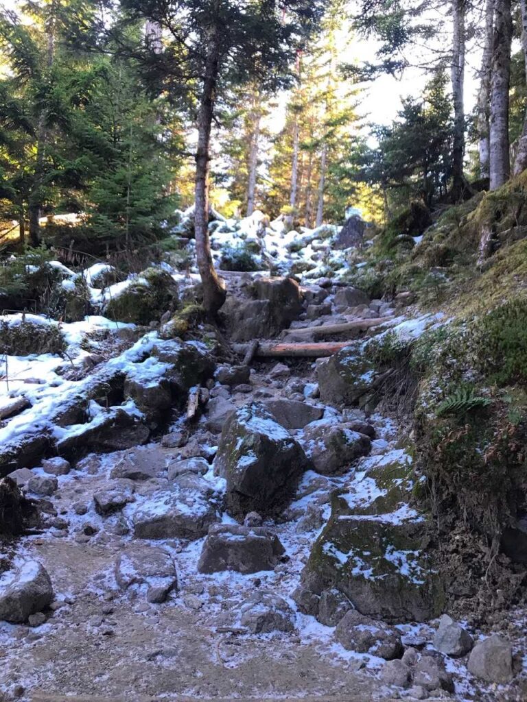 登山道に雪がちらほら