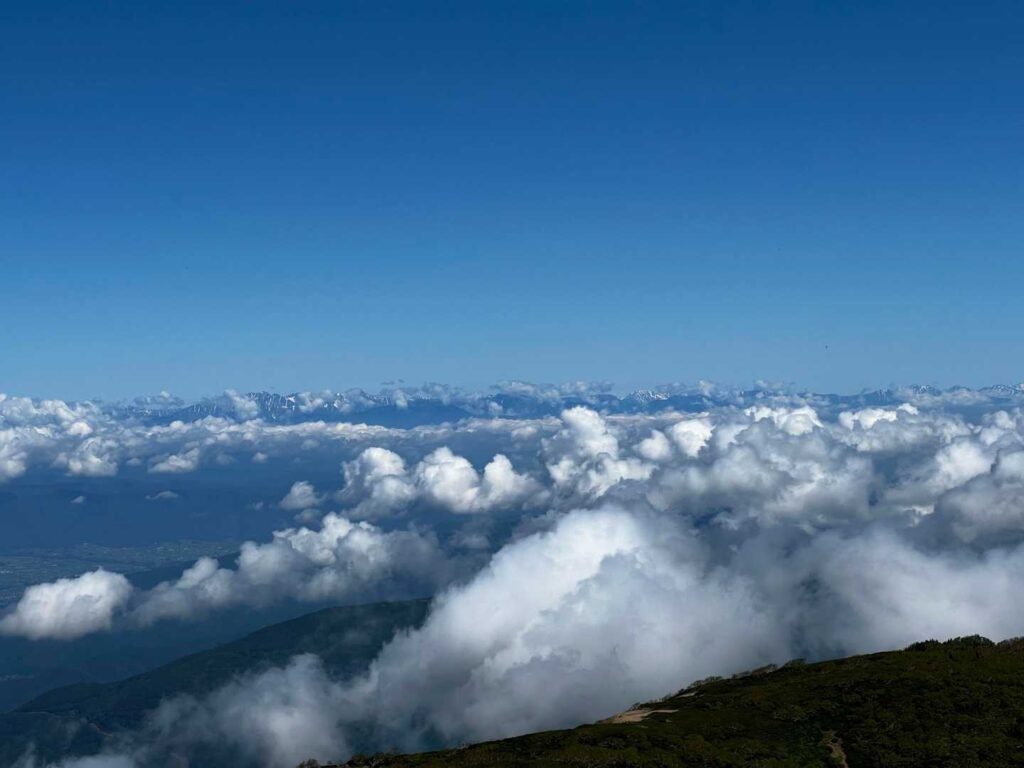 遠くに北アルプスの山々