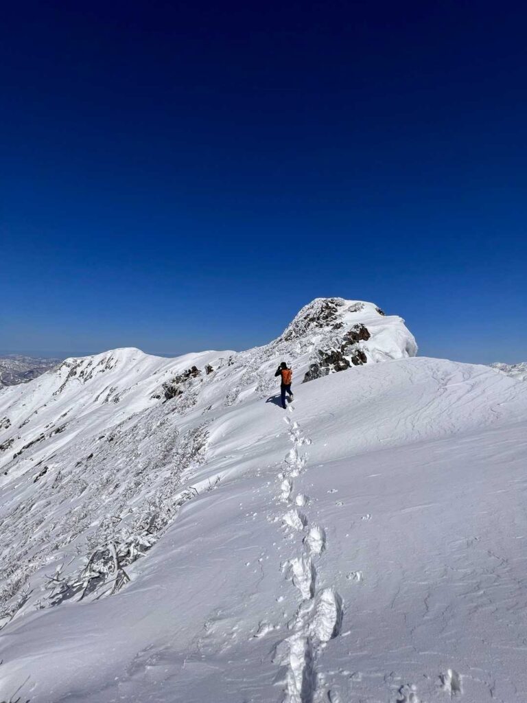 即席チームで先に進むも雪庇の亀裂がわからず撤退