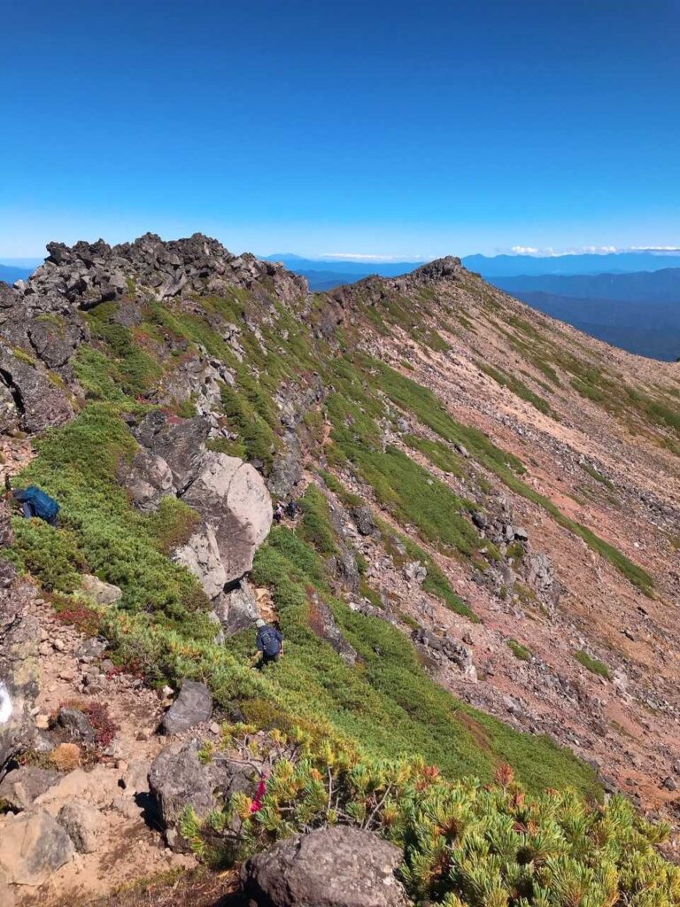 振り返ると歩いてきた稜線が一望