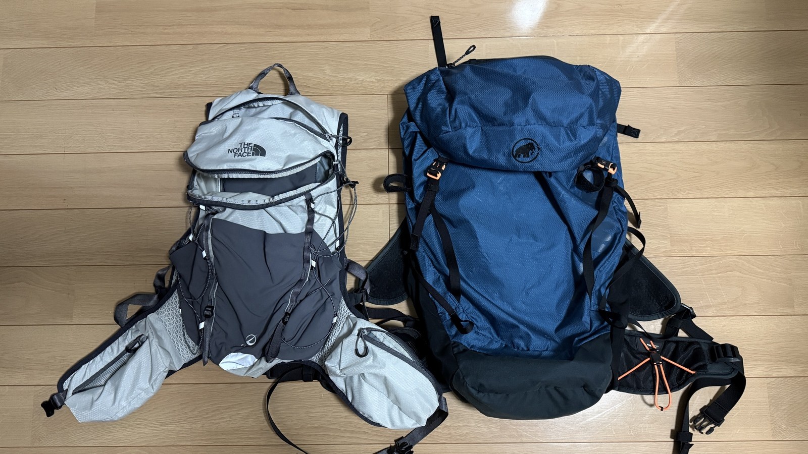 THE NORTH FACE のトレラン用ザック(グレー)と MAMMUT のザック(青)を並べた写真