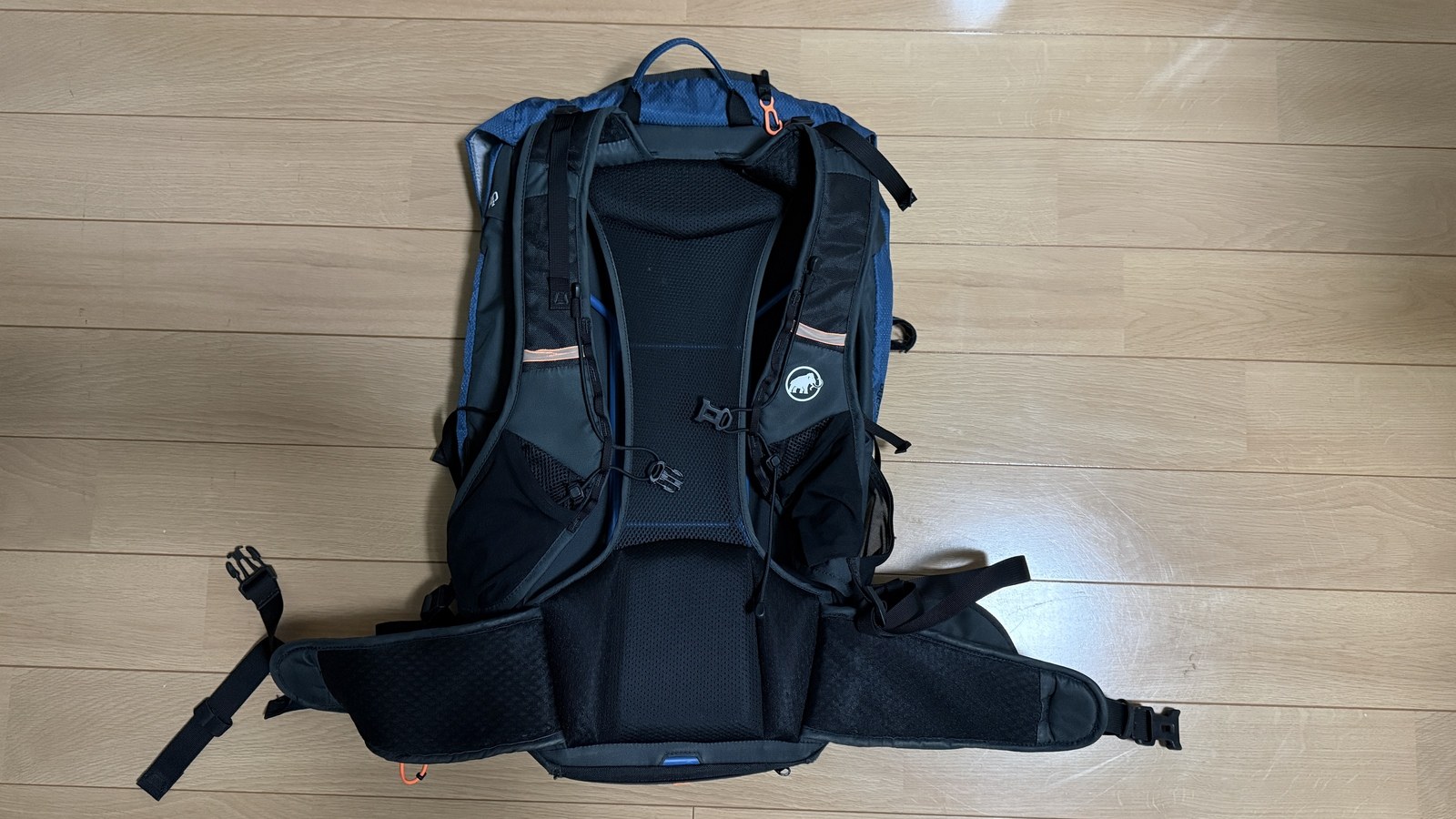 MAMMUT のザックの背面。背面パッド・ショルダーベルト・腰ベルト