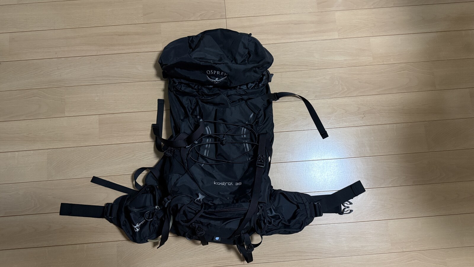 OSPREY Kestrel 38 の正面。雨蓋つきの黒いザック