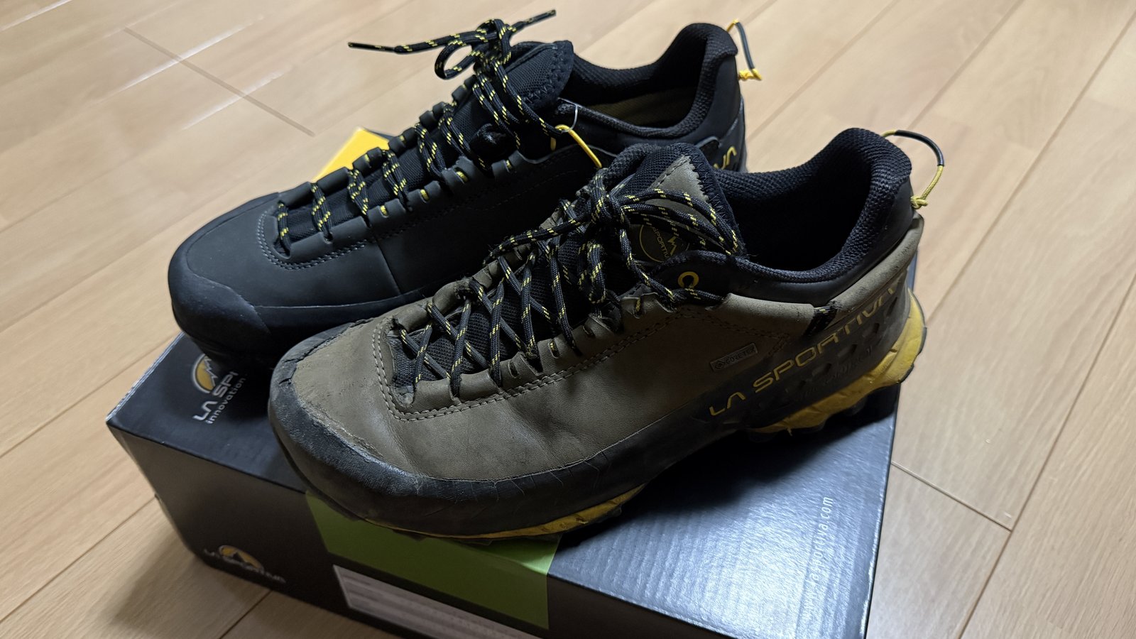 スポルティバ TX5 EVO GTX(奥・黒)と履き込んだ旧 TX5 Low GTX(手前・茶)を箱の上に並べた写真